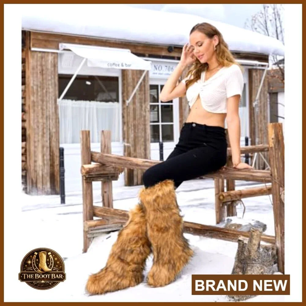 Knee-High Faux Fur Snow Boots Winter Warm Fluffy Pull-On Mukluks